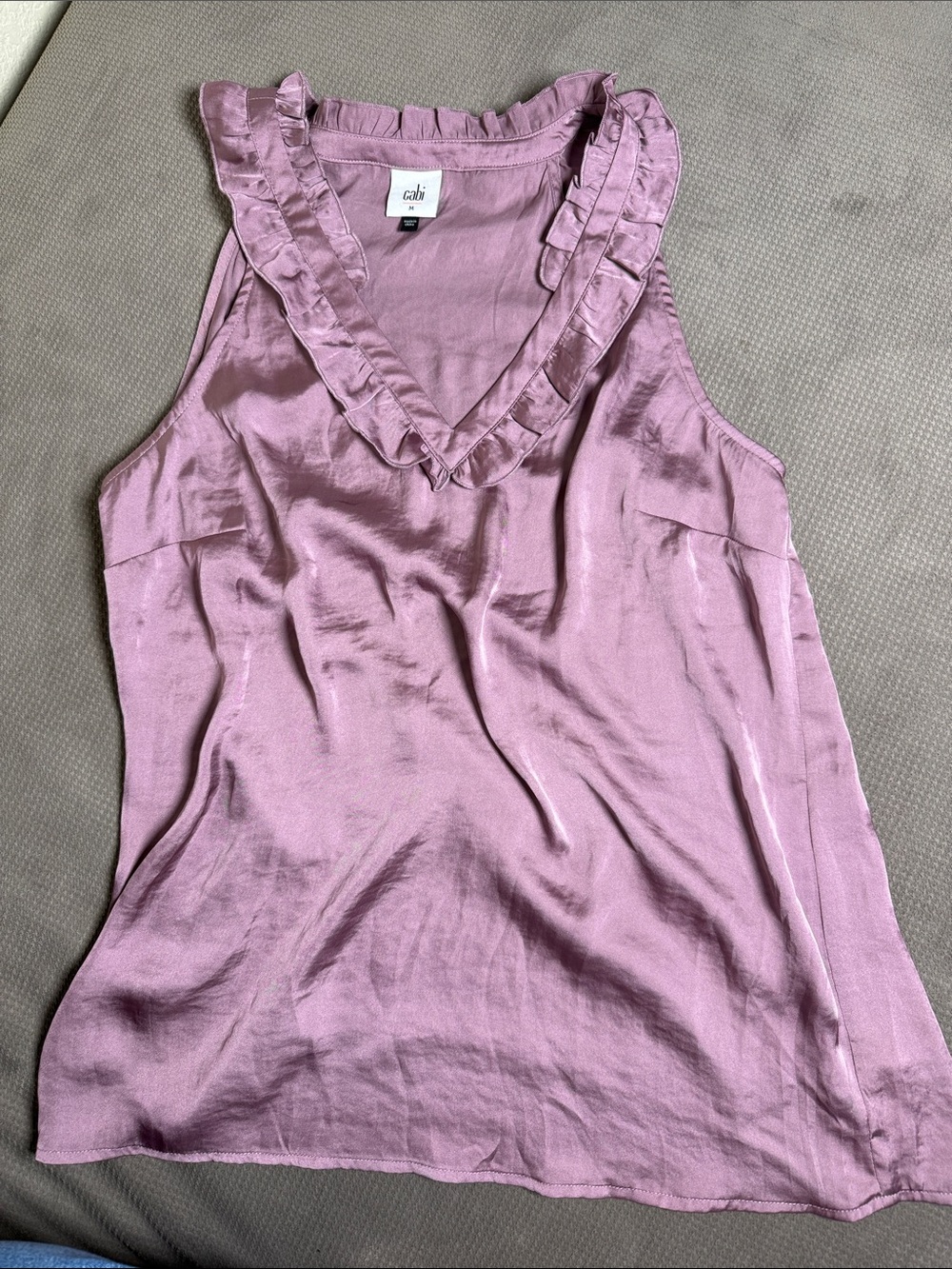 CAbi Satin Ruffle V-Neck Tank in Lilac